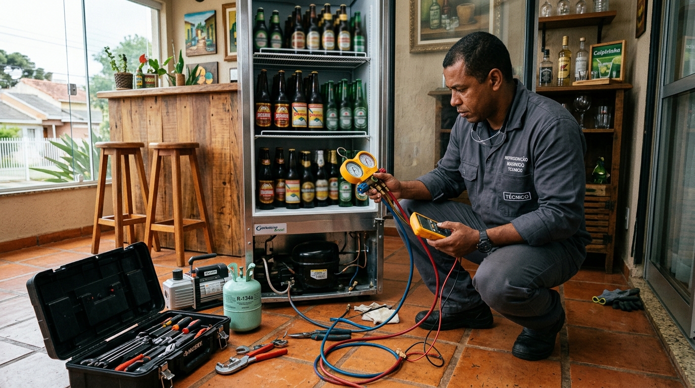 Profissional executando reparo no motor de cervejeira na Nova Constituinte, Salvador‑BA