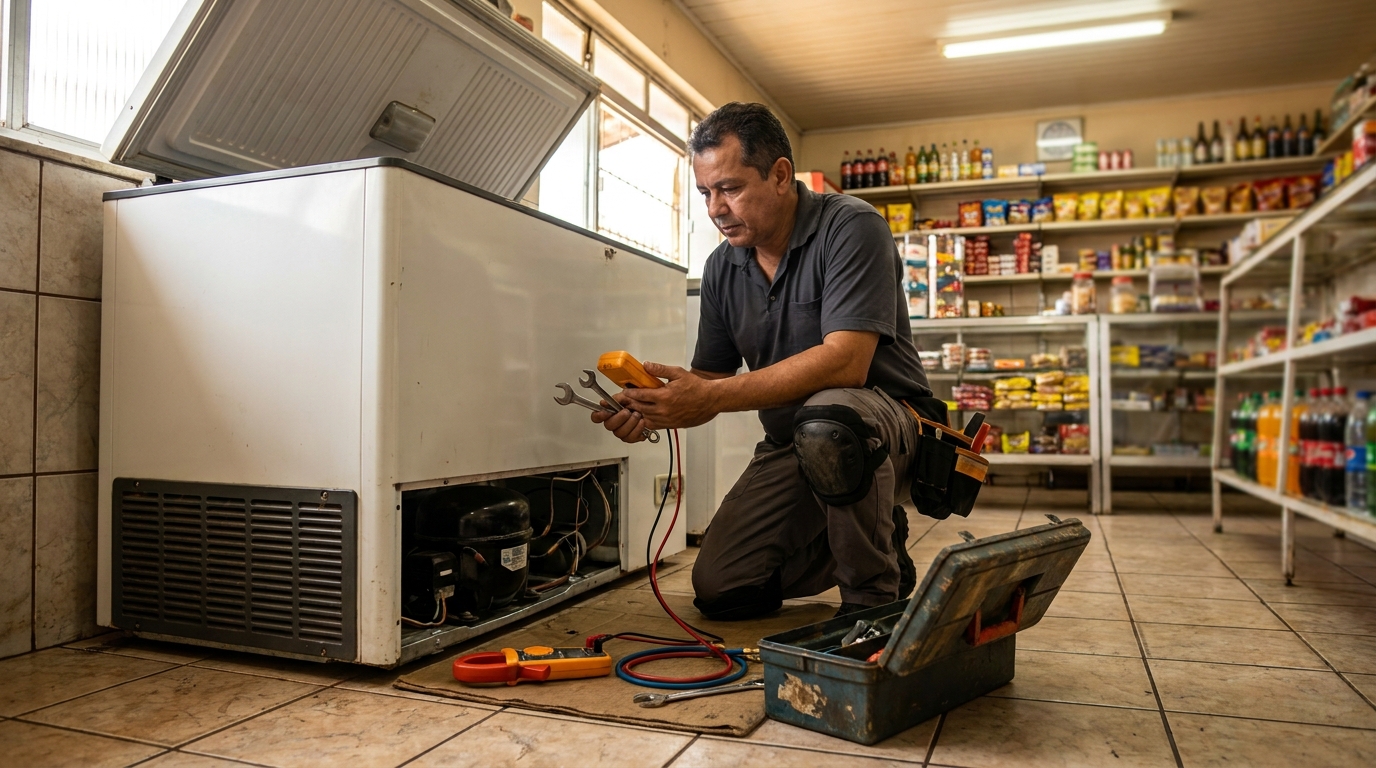 Profissional executando manutenção no motor de freezer no Comércio, Salvador‑BA