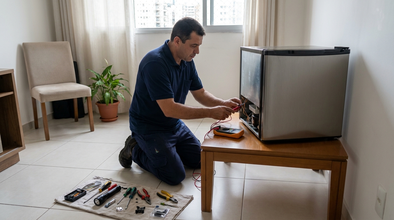 Técnico fazendo manutenção do motor de frigobar em Acupe, Salvador‑BA