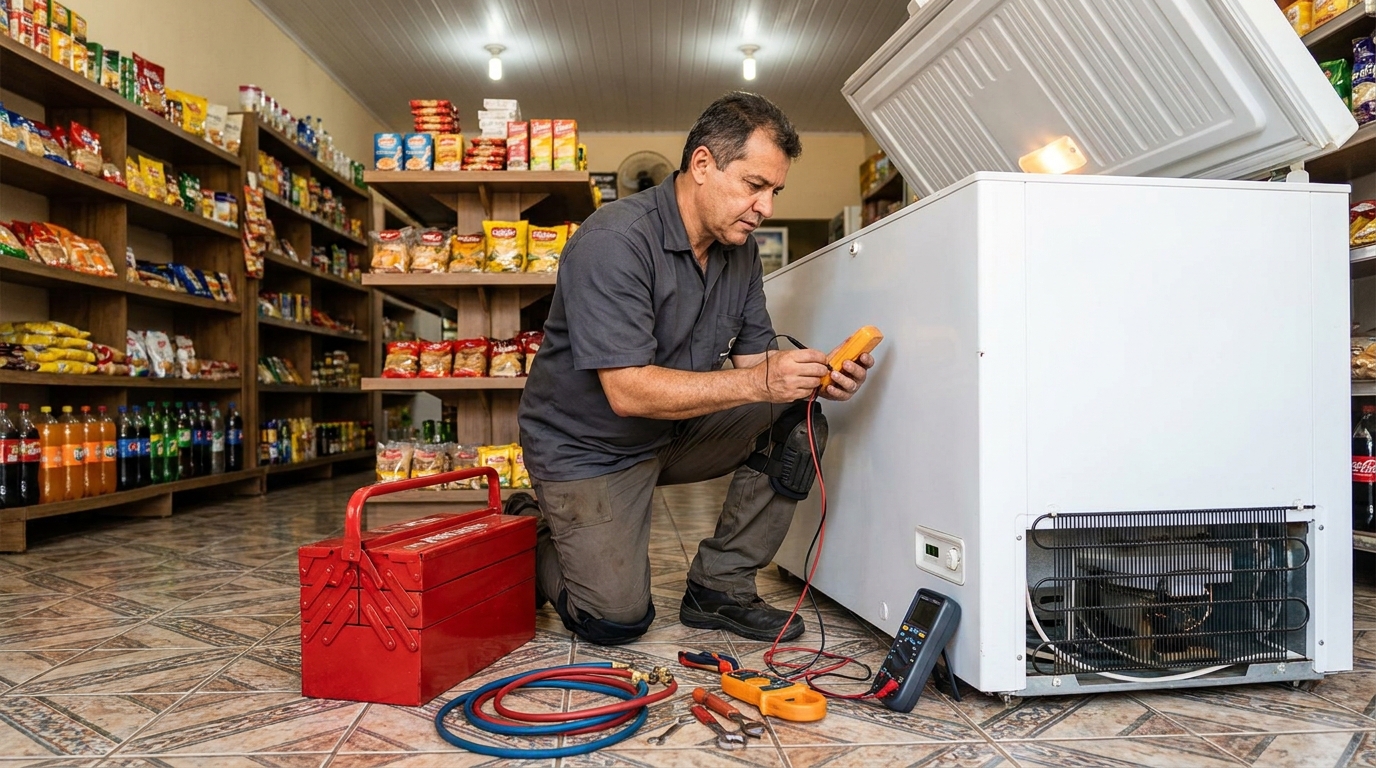 Recarga de gás refrigerante no freezer durante atendimento no Comércio, Salvador‑BA