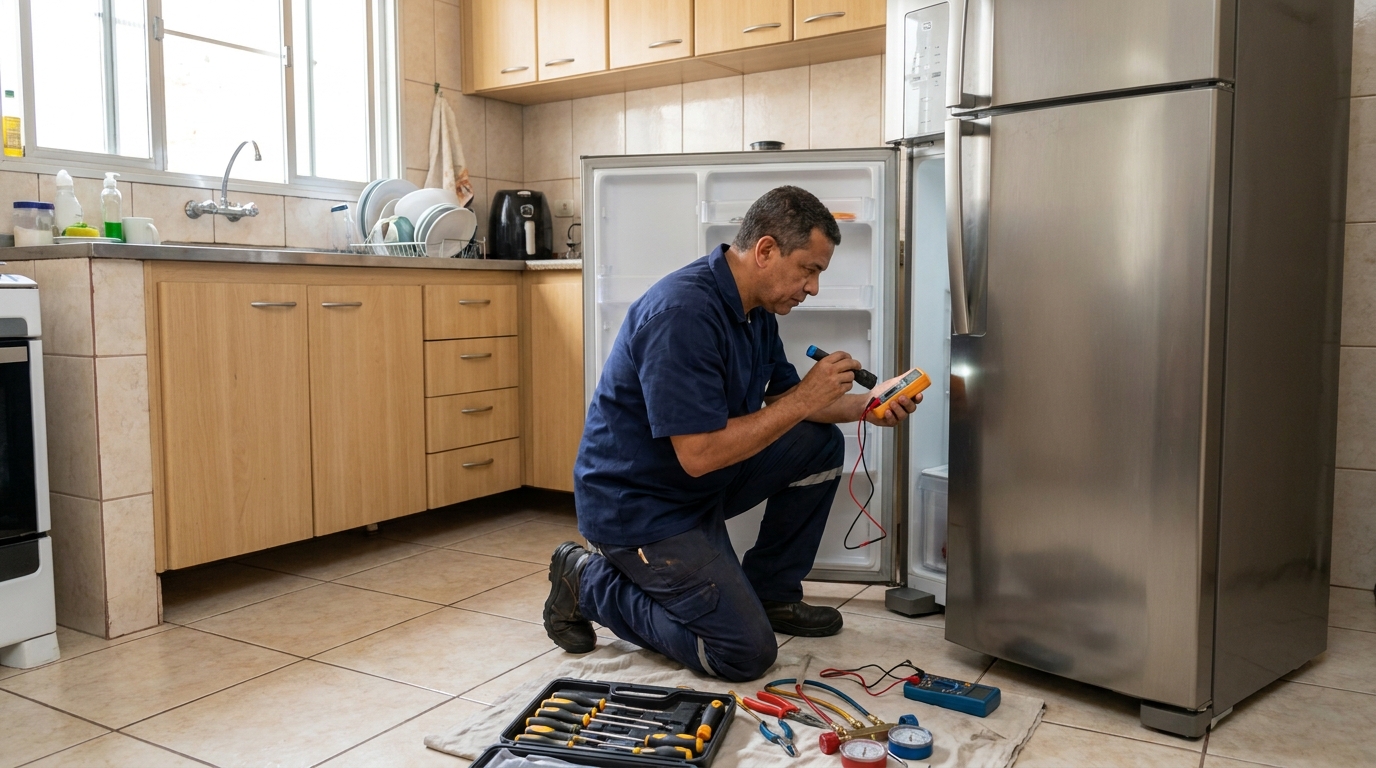 Técnico aplicando recarga de gás refrigerante em geladeira na IAPI, Salvador‑BA