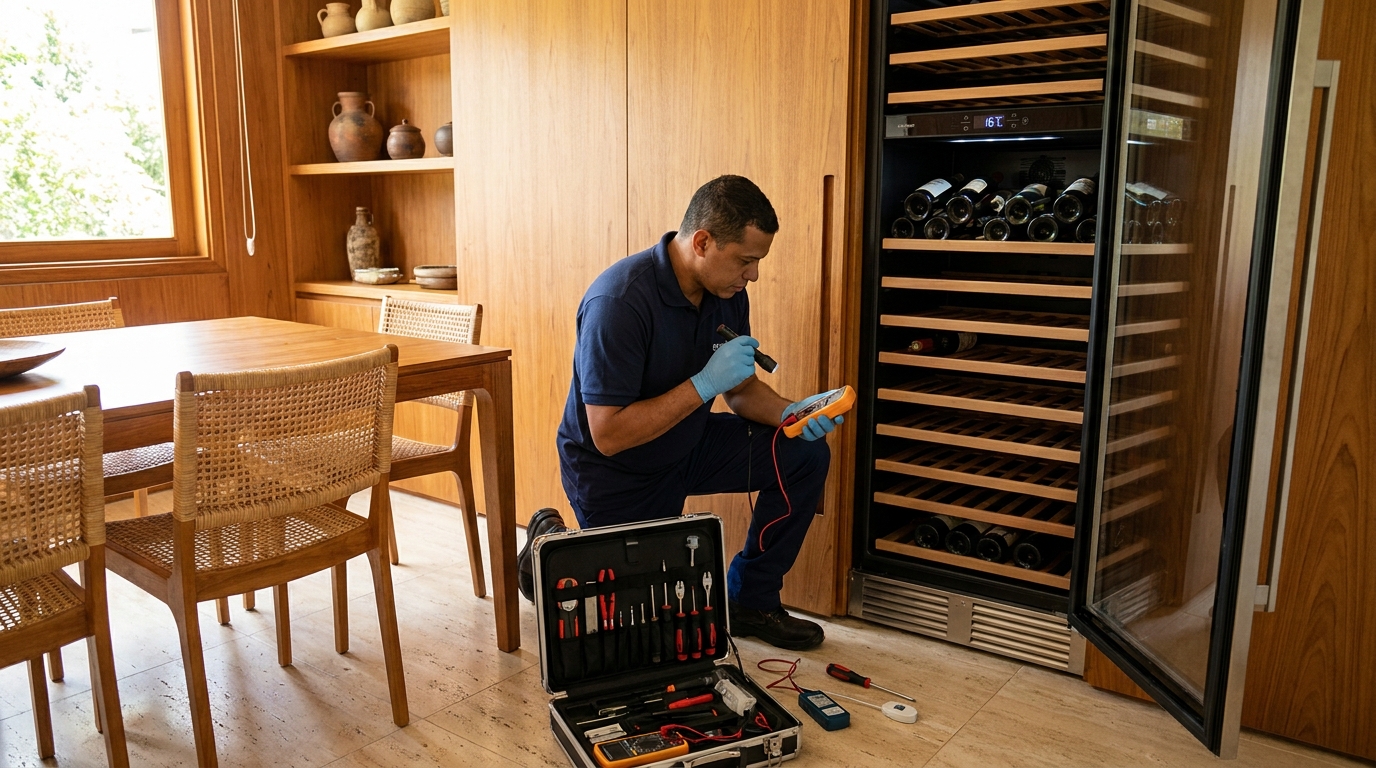 Substituição de termostato em adega climatizada em visita técnica na IAPI, Salvador‑BA