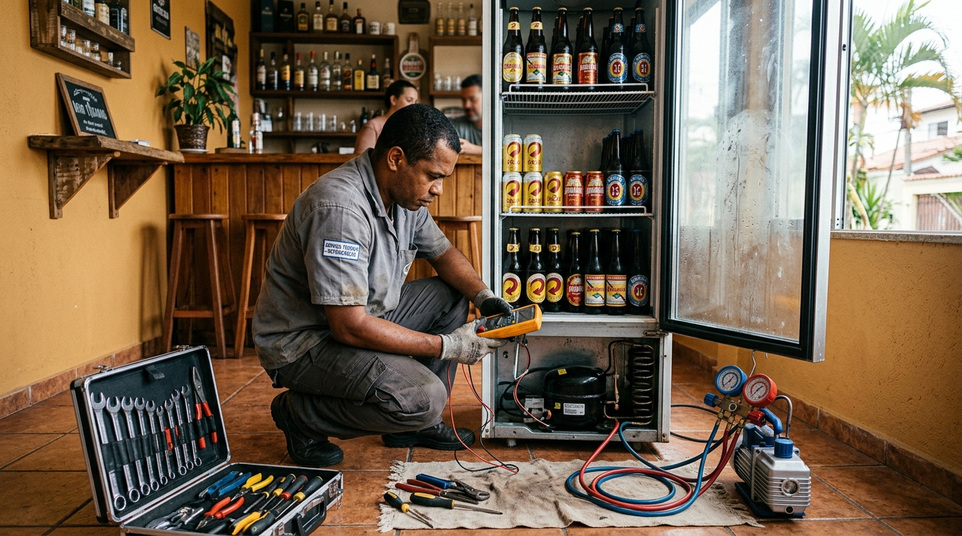 Substituição de termostato de cervejeira em serviço técnico na Nova Constituinte, Salvador‑BA