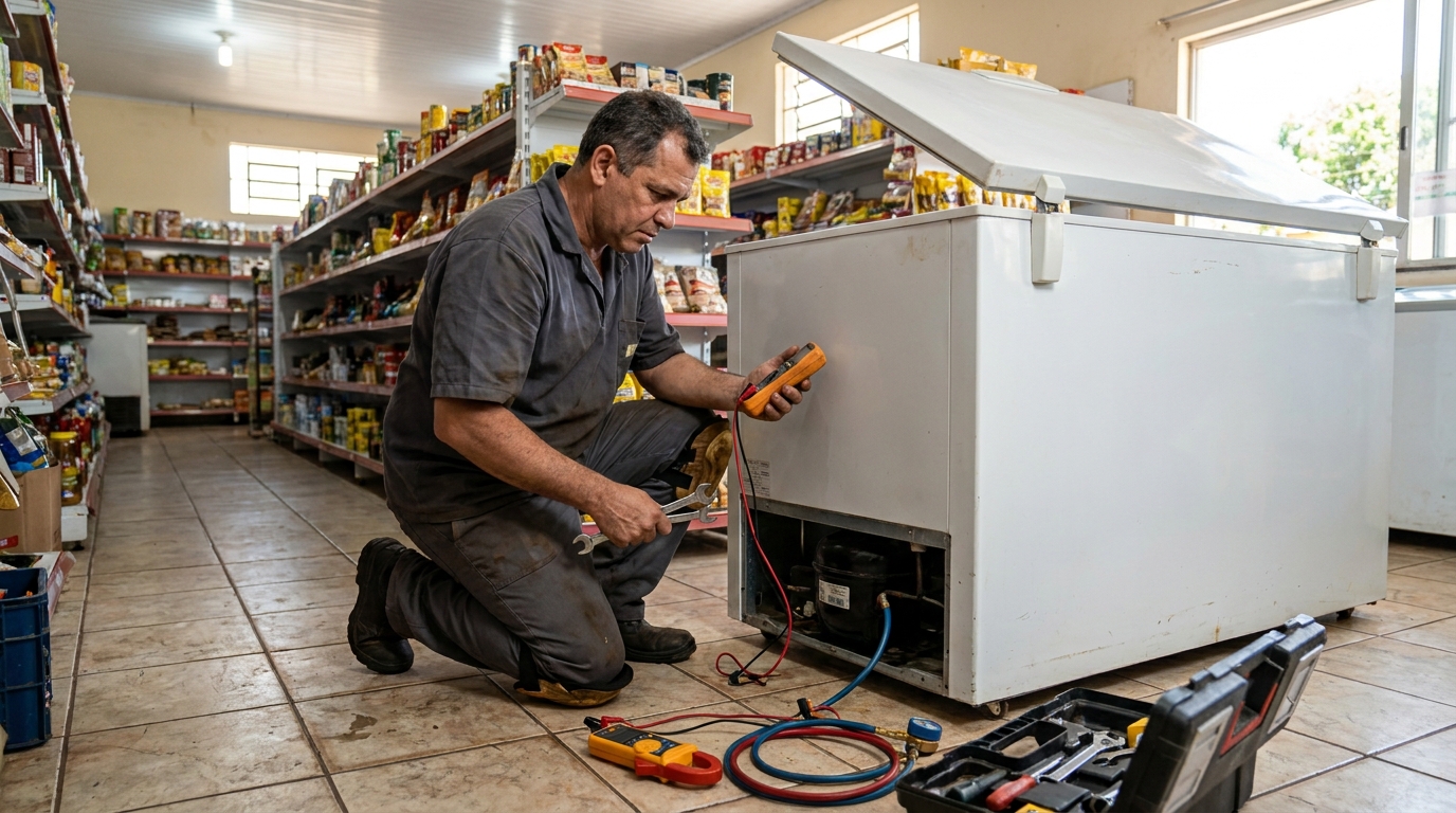 Substituição de termostato de freezer em visita técnica no Comércio, Salvador‑BA